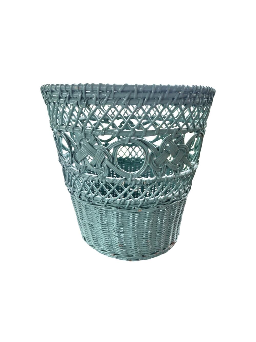 VTG MCM Round Woven Wicker Rattan Waste Paper Basket Boho Trash Can Sea foam